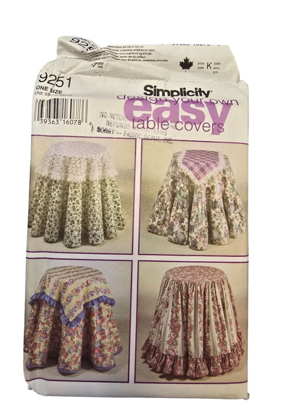 Simplicity 9251 Table Covers Sewing Pattern Round Tablecloth Ruffles Uncut